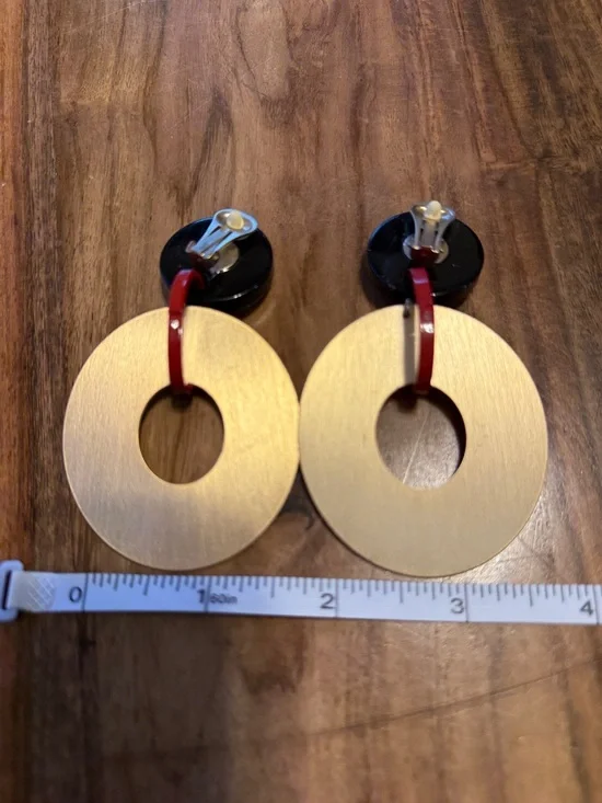 Chico’s Bold Gold Disc Drop Earrings with Black & Red Accents - Picture 2 of 3